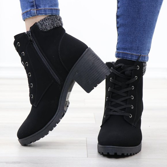 Nubuck Lug Chunky Heel Warm Lining Black Ankle Boots - Picture 11 of 12